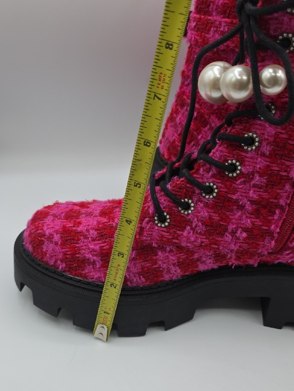 Betsey Johnson Jonnie Hot Pink & Red Tweed Lace-Up Combat Boots w/Pearl Accent - Picture 9 of 15